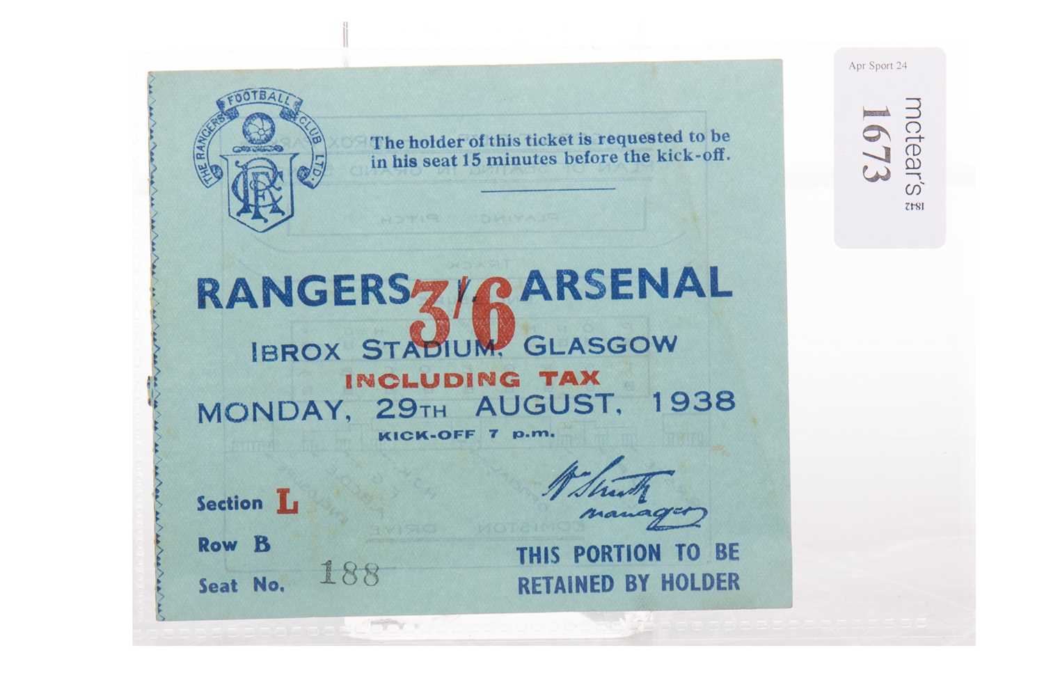 RANGERS F.C. VS. ARSENAL F.C., TICKET, 29TH AUGUST 1938