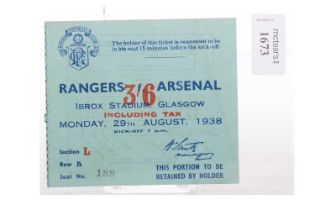 RANGERS F.C. VS. ARSENAL F.C., TICKET, 29TH AUGUST 1938