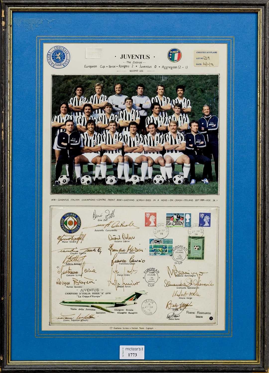 JUVENTUS F.C., SIGNED PHILOTELIC DISPLAY, 27TH SEPTEMBER 1978