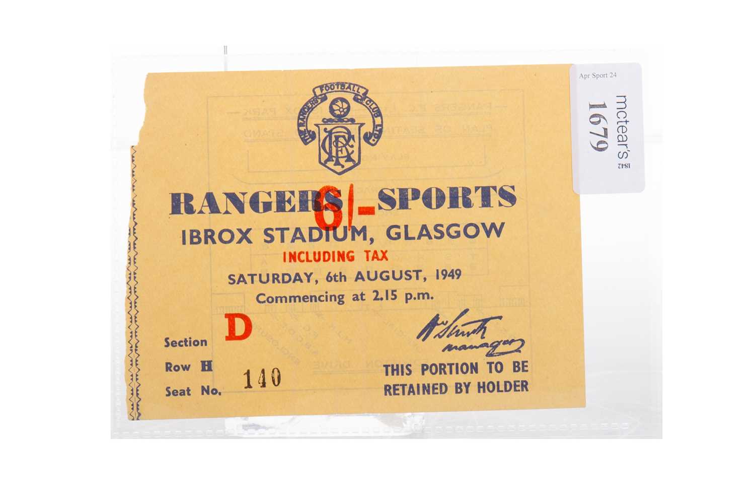 RANGERS F.C., 63RD ANNUAL SPORTS DAY, TICKET, 6TH AUGUST 1949