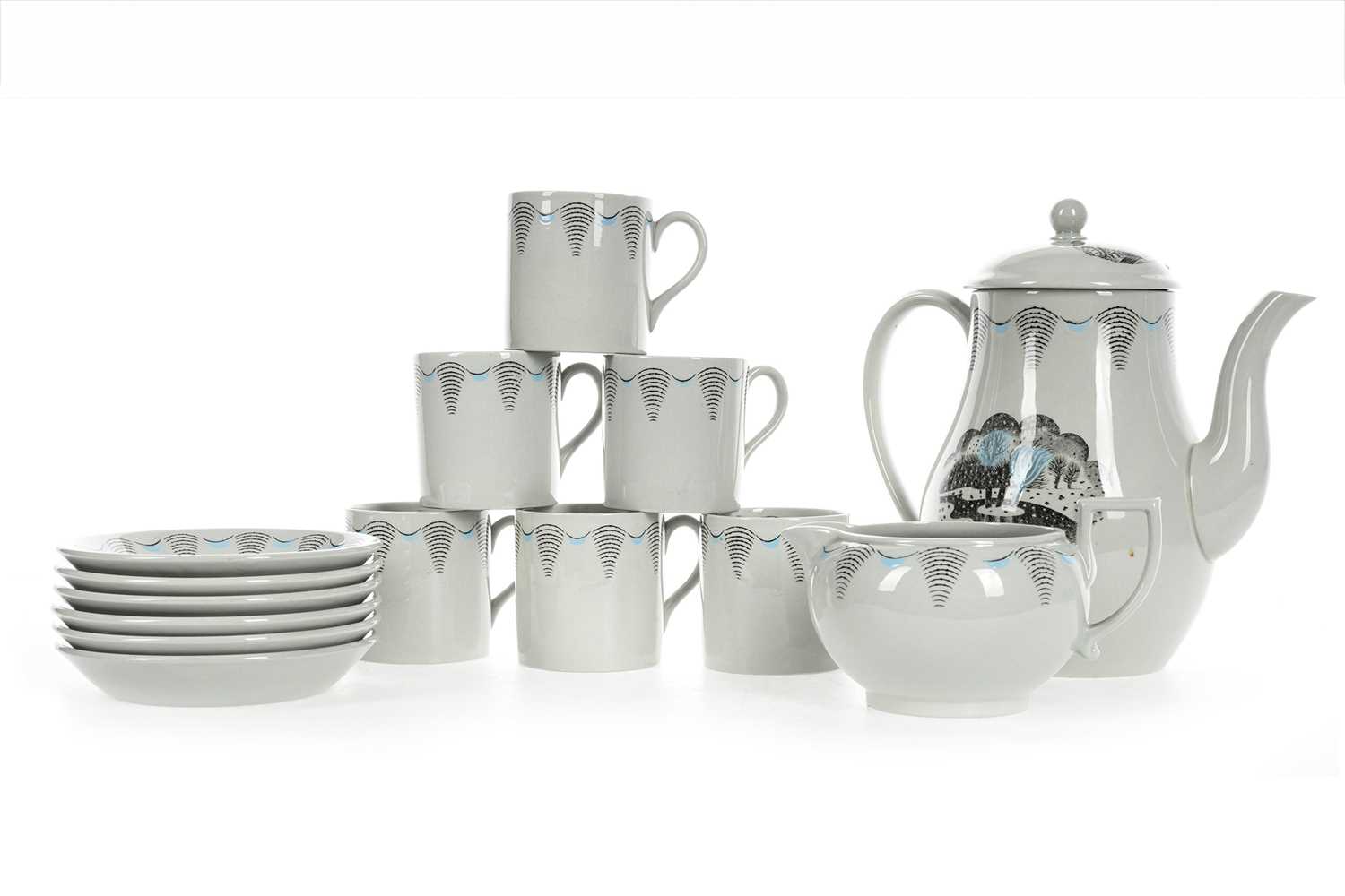 ERIC RAVILIOUS (BRITISH, 1903-1942) FOR WEDGWOOD, 'TRAVEL' PART-COFFEE SERVICE, CIRCA 1940s