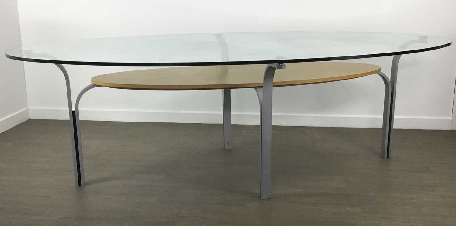 MODERNIST GLASS AND BRUSHED STEEL MEETING TABLE, CONTEMPORARY