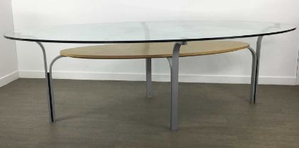MODERNIST GLASS AND BRUSHED STEEL MEETING TABLE, CONTEMPORARY