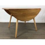 ERCOL, WINDSOR MODEL 384 ELM AND BEECH DROP LEAF TABLE, ALONG WITH A SET OF FOUR ERCOL MODEL 365 ELM