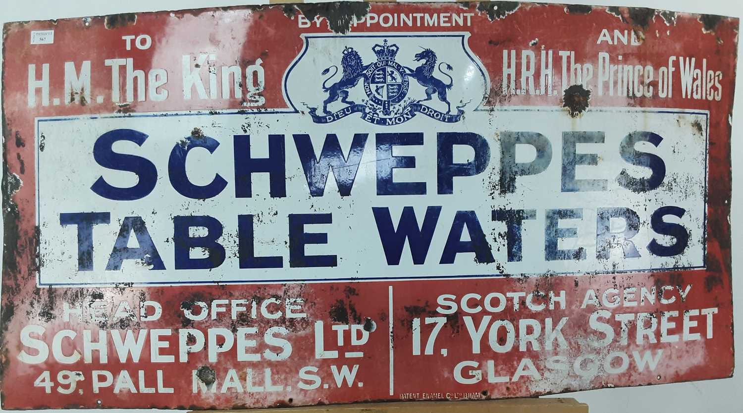 SCHWEPPES TABLE WATERS, ENAMEL ADVERTISEMENT SIGN, EARLY 20TH CENTURY