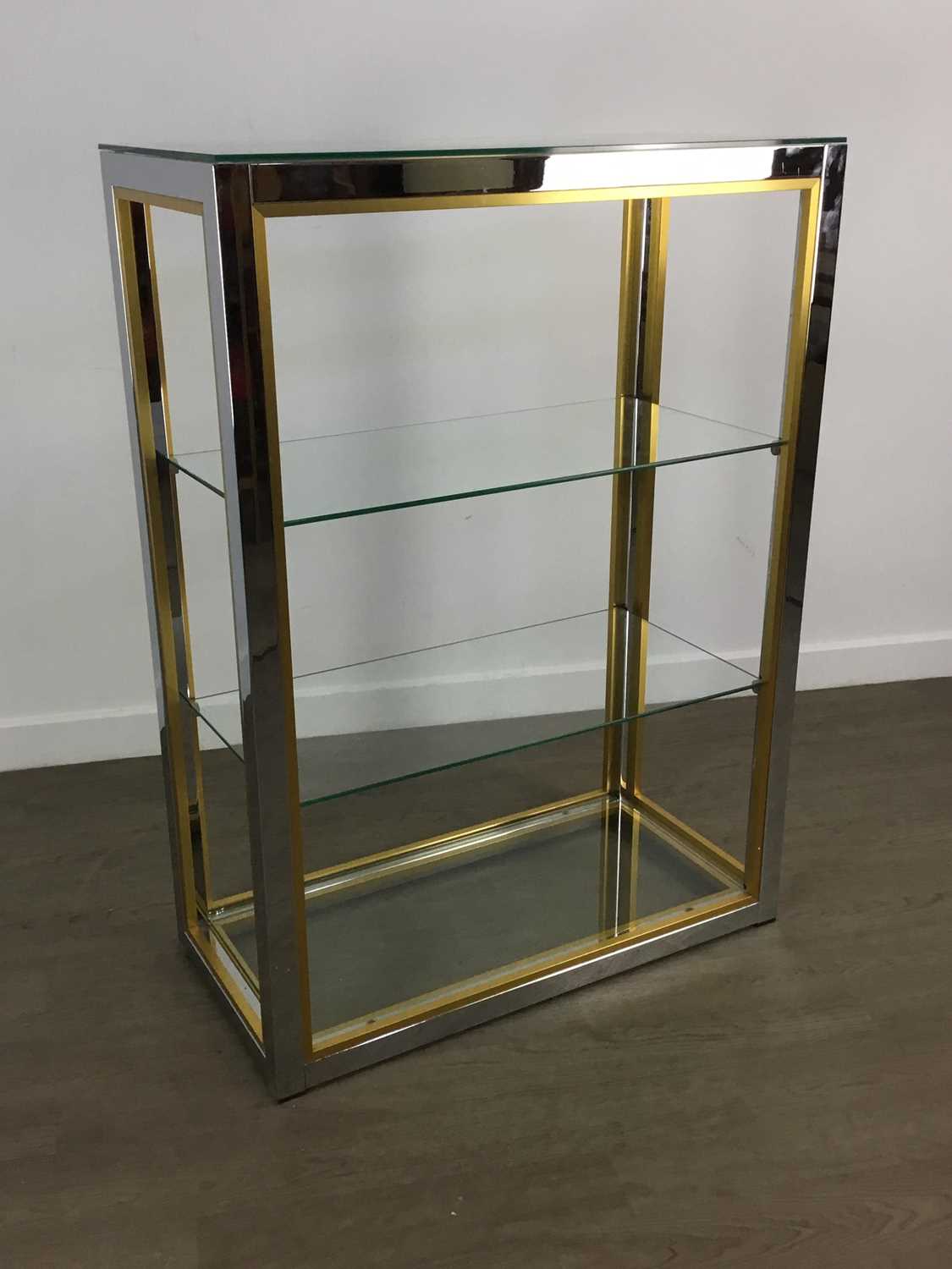 RENATO ZEVI, ITALIAN CHROME AND BRASS GLASS SHELVING UNIT, CIRCA 1970-79