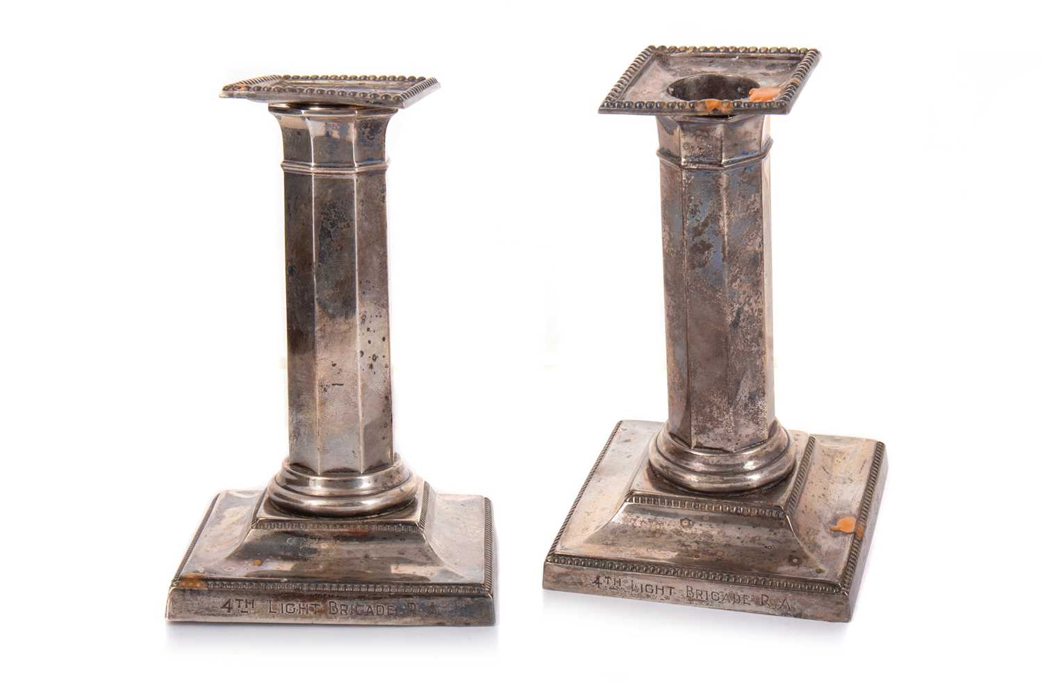 MILITARY INTEREST, PAIR OF EDWARDIAN SILVER COLUMN CANDLESTICKS, LONDON 1905