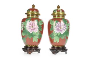 PAIR OF CHINESE CLOISONNE BALUSTER VASES WITH COVERS, EARLY 20TH CENTURY