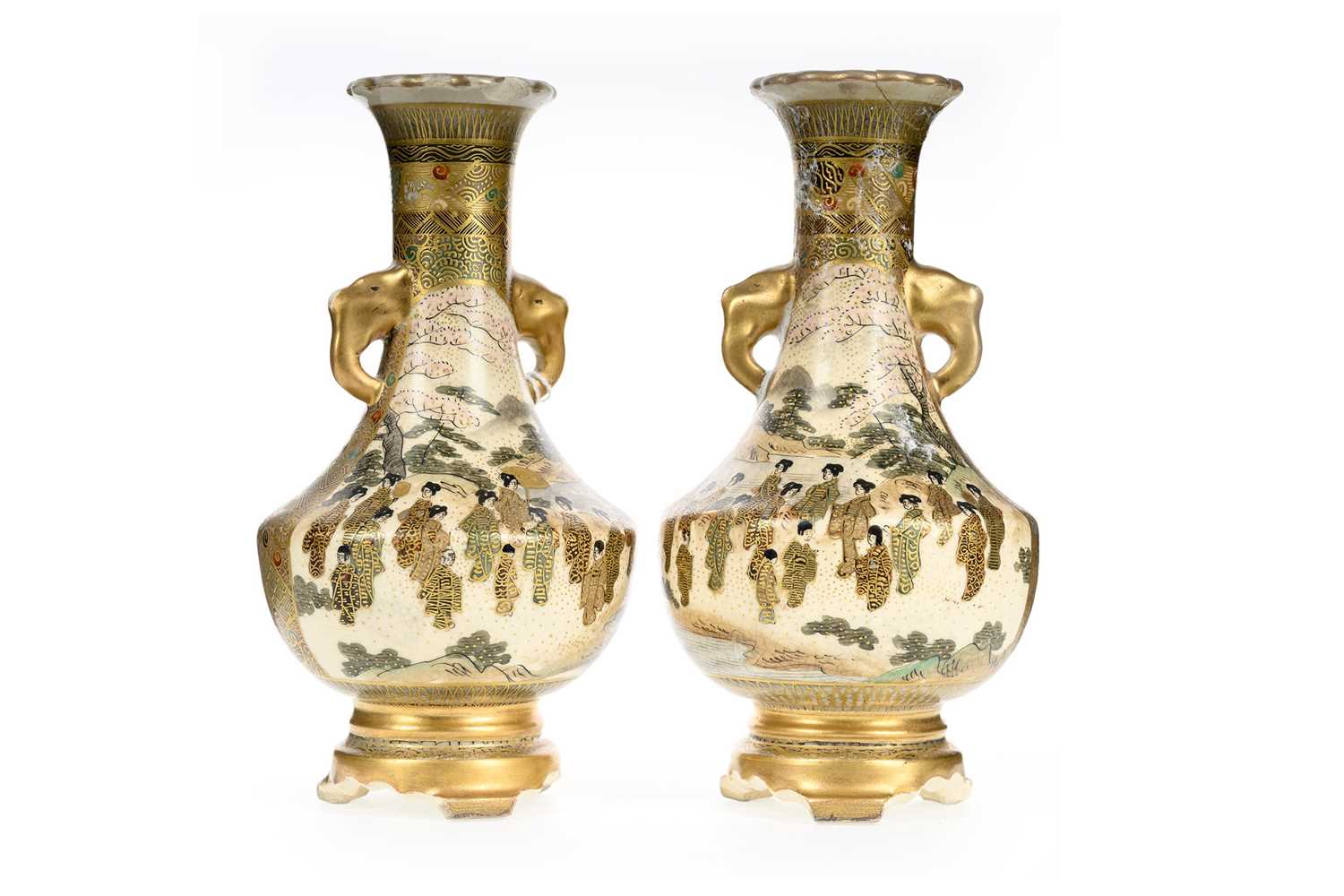 PAIR OF JAPANESE SATSUMA TWIN HANDLED VASES, MEIJI PERIOD (1868 - 1912)