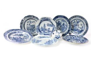 GROUP OF 18TH CENTURY CHINESE BLUE AND WHITE PLATES AND SAUCER, QIANLONG PERIOD 1736 - 1795