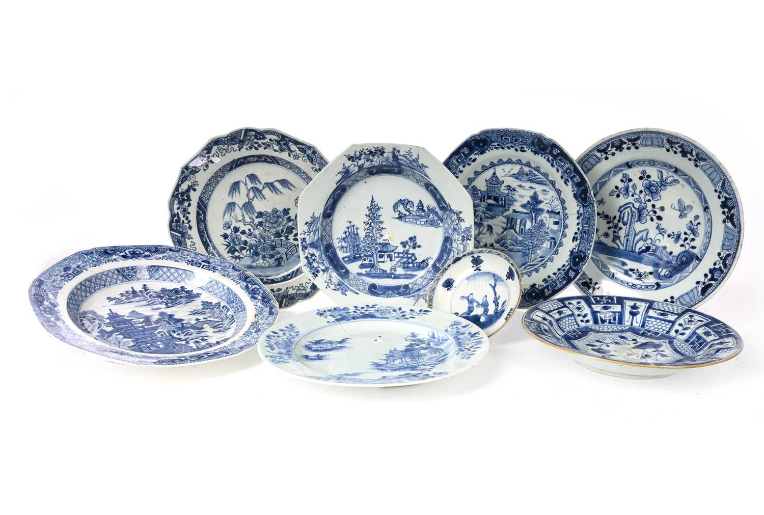 GROUP OF 18TH CENTURY CHINESE BLUE AND WHITE PLATES AND SAUCER, QIANLONG PERIOD 1736 - 1795