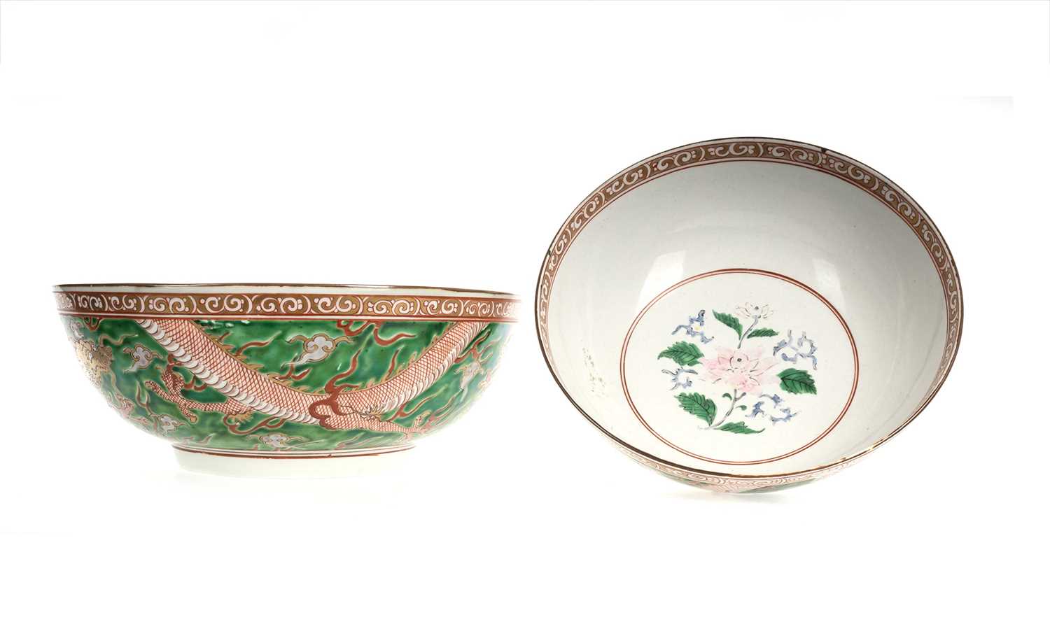 TWO CHINESE 'DRAGON' PUNCH BOWLS, LATE 19TH/EARLY 20TH CENTURY