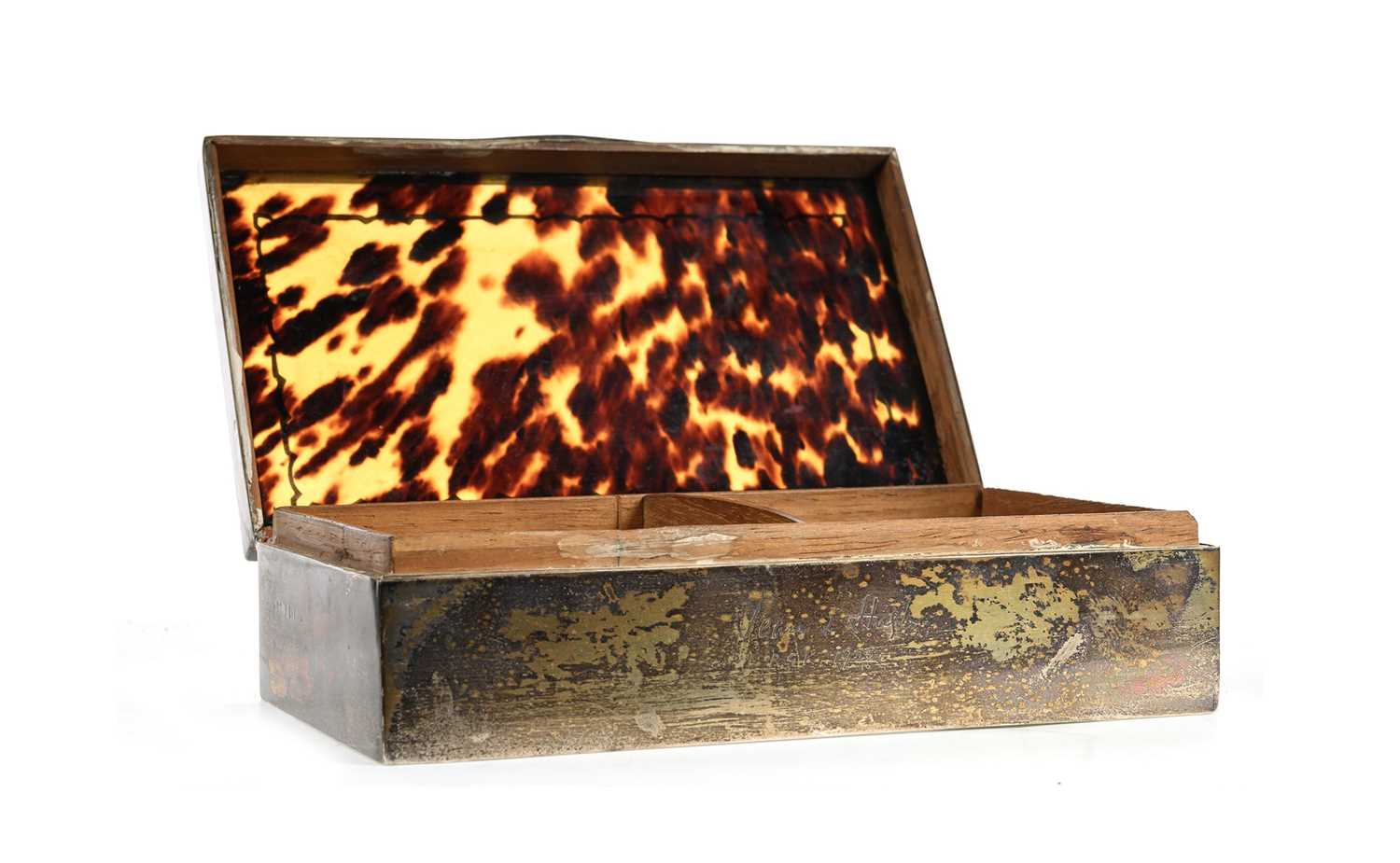 SILVER AND TORTOISESHELL CIGARETTE BOX, MARK'S RUBBED