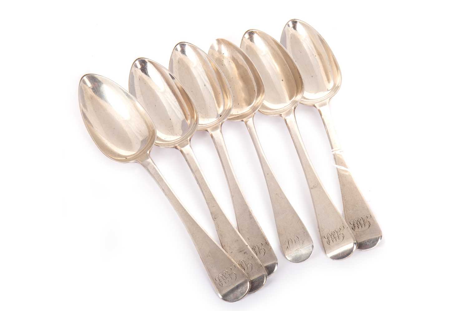 SET OF SIX GEORGE III SILVER TABLE SPOONS, SOLOMON HOUGHAM, LONDON 1808 AND 1814