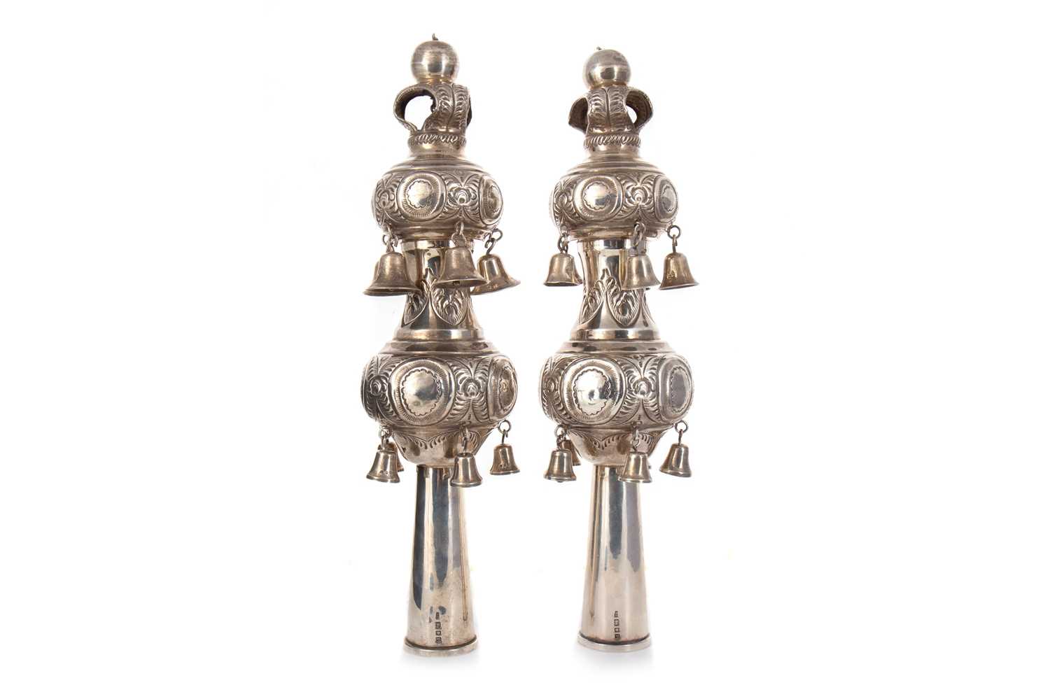 JUDAICA SILVER, PAIR OF RIMMONIM, (BELIEVED) MORRIS SALKIND OR STERNBERG, LONDON 1930