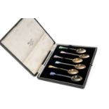 SET OF SIX SILVER AND HARLEQUIN GUILLOCHE ENAMEL COFFEE SPOONS, BIRMINGHAM 1953