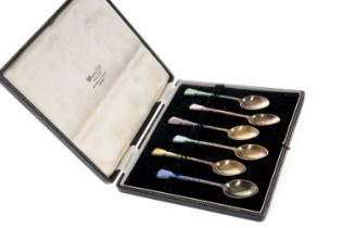 SET OF SIX SILVER AND HARLEQUIN GUILLOCHE ENAMEL COFFEE SPOONS, BIRMINGHAM 1953