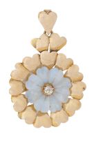 A diamond, carved opal and 9ct gold flower shaped pendant, 40mm, Sheffield 1979, 7g Good condition