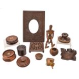 Miscellaneous treen and other items, including turned wood boxes and covers, inkwell, carved oval
