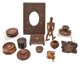 Miscellaneous treen and other items, including turned wood boxes and covers, inkwell, carved oval