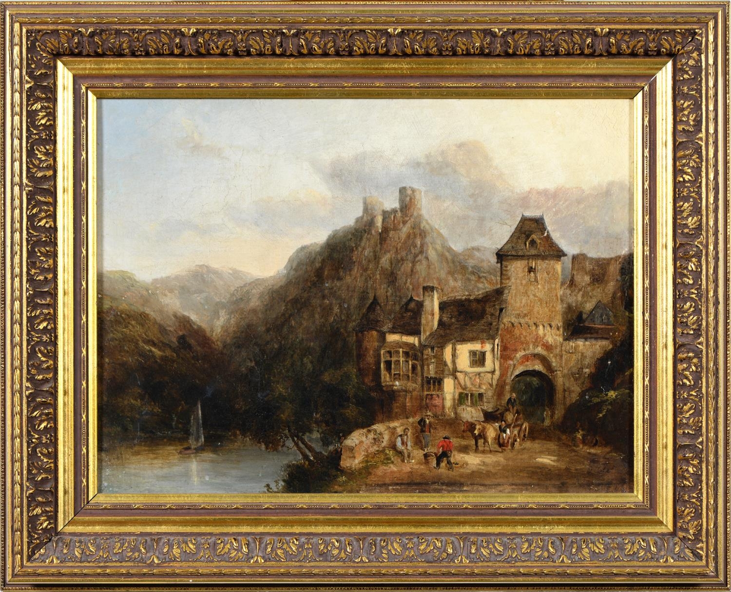 English School, 19th c - Continental Mountainous Landscape with Peasants by a Fortified Gate, - Image 2 of 3