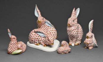 Five Herend models of rabbits, largest 14cm h, printed mark Large single rabbit – foot chipped