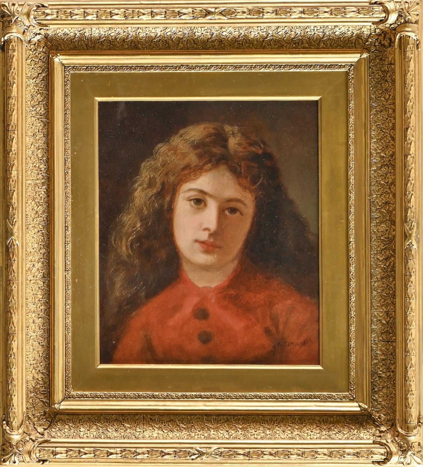 English School, 19th c - Portrait of a Girl in a Red Dress, head and shoulders, bears signature, oil - Image 2 of 3