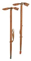 Two Austrian ice axes, Stubai, mid-20th c, with steel head, tapering hickory shaft, 90cm l Good