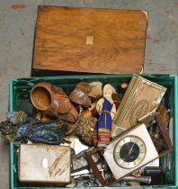 A Victorian walnut writing box, dolls, mantle clock, vintage tins, etc