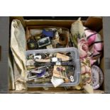 Miscellaneous items, including Victorian papier mache snuff box, sewing tools and accessories,
