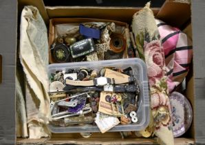 Miscellaneous items, including Victorian papier mache snuff box, sewing tools and accessories,