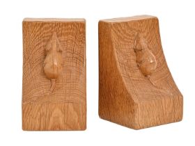 A pair of Mouseman oak book ends, 15cm h, carved mouse 'signature' Good condition