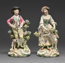 A pair of Derby figures of Garland Shepherds, c1770 Some typical chipping of the flower petals and