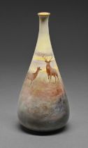 A Royal Doulton Luscian Ware vase, c1900, painted by J Hancock, signed, with a stag and doe in a