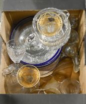 Miscellaneous cut and other glass, including a set of early 20th c blue rimmed ice plates and pair