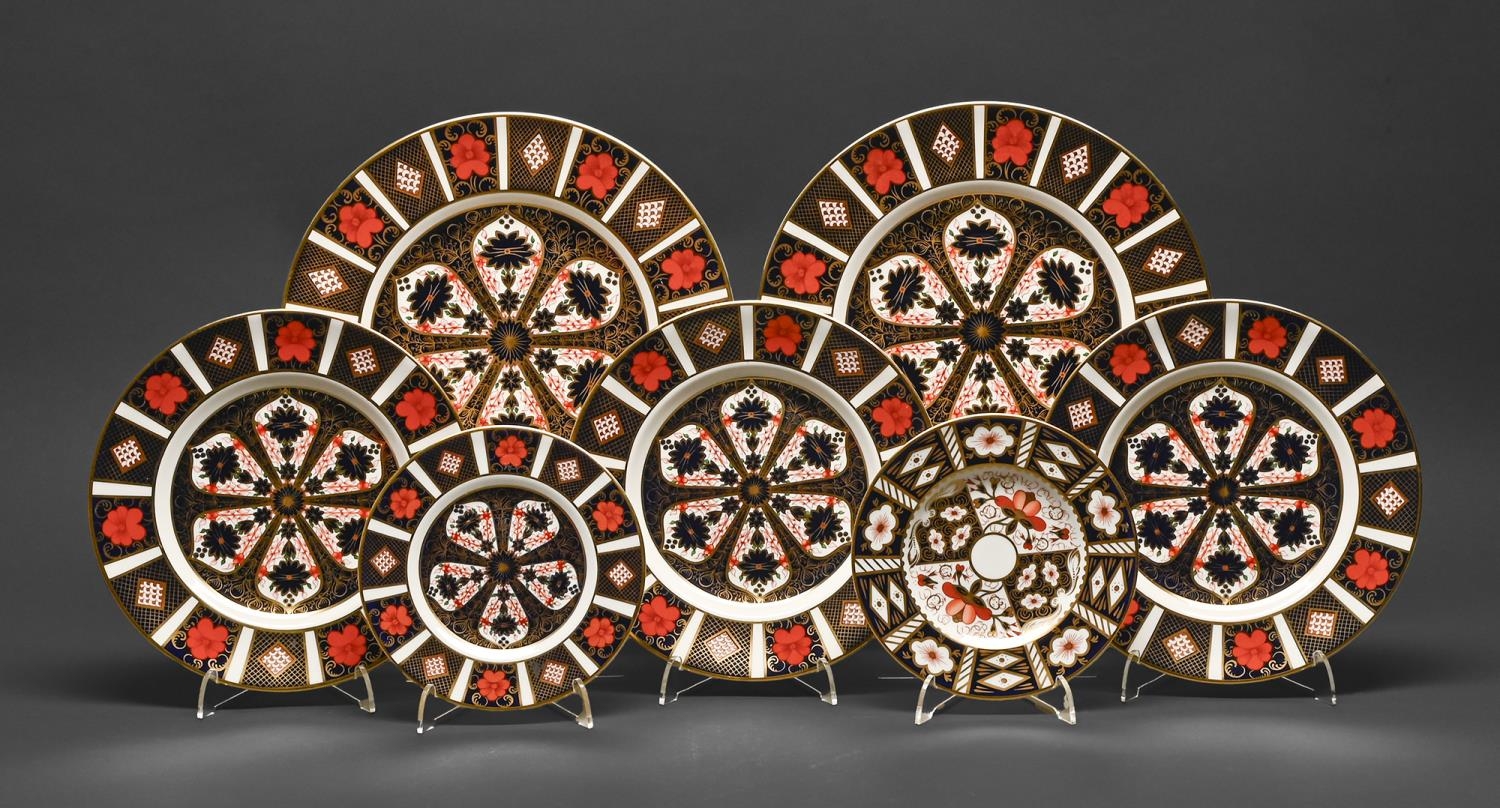 Seven Royal Crown Derby Imari pattern plates, late 20th c, 27cm diam and smaller, printed mark First