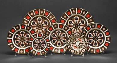 Seven Royal Crown Derby Imari pattern plates, late 20th c, 27cm diam and smaller, printed mark First