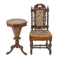 A Victorian walnut and inlaid work table, of octagonal form with fitted interior and a Victorian