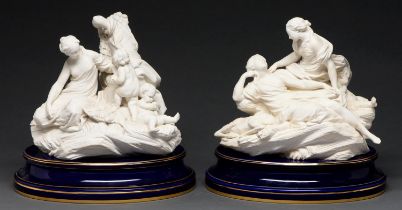Two Sevres biscuit porcelain groups, c1932, of fishing after the model by Etienne-Maurice