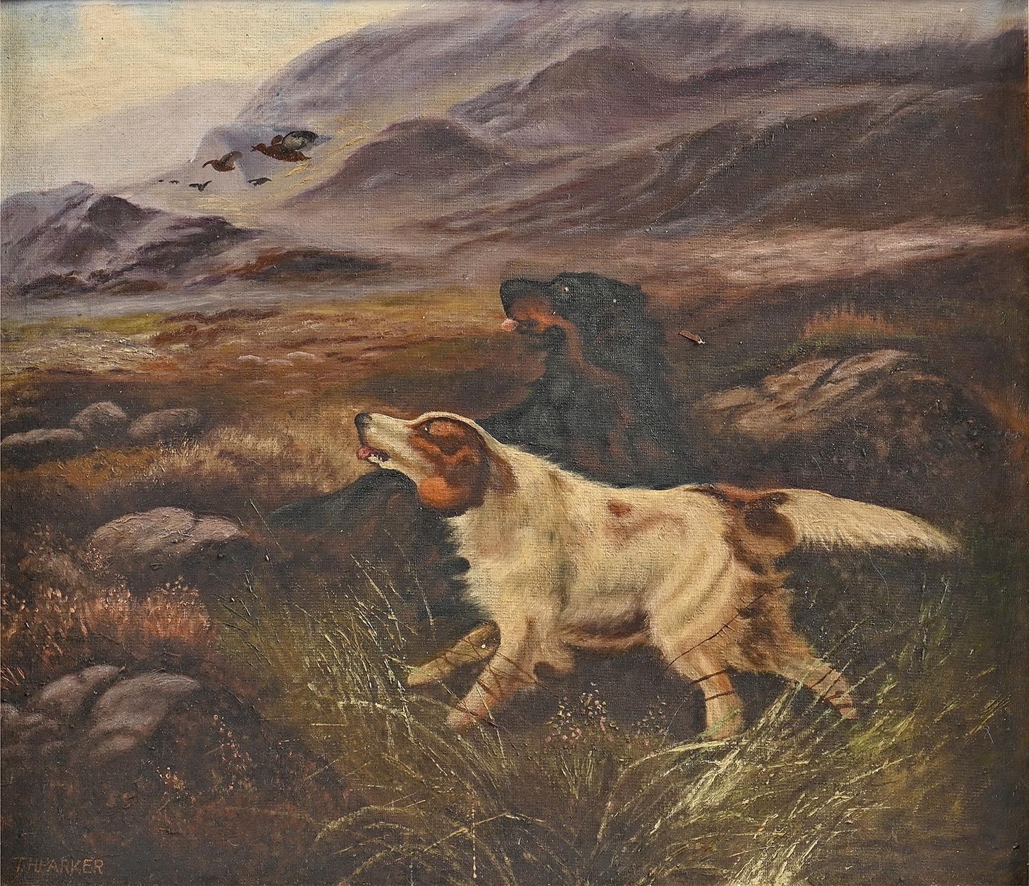 Follower of Robert Clemenson - Setters on a Moor, signed T H Parker, oil on board, 39 x 49cm Good