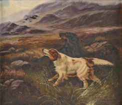 Follower of Robert Clemenson - Setters on a Moor, signed T H Parker, oil on board, 39 x 49cm Good