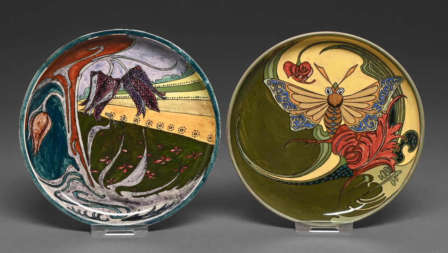 Two Rozenburg glazed terracotta plaques, 1909 and circa, one painted by J W van Rossum, with a