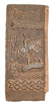 Tribal art. An African carved wood panel, mid 20th c, decorated with hunting and village scenes, 148