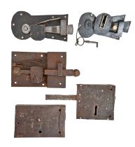 Five iron door locks and bolts, 18th c and later, including a night latch, deadbolts and a