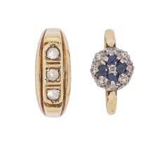 A sapphire and diamond ring, in gold and another gem set gold ring, 6.5g, size M, O (2) Second