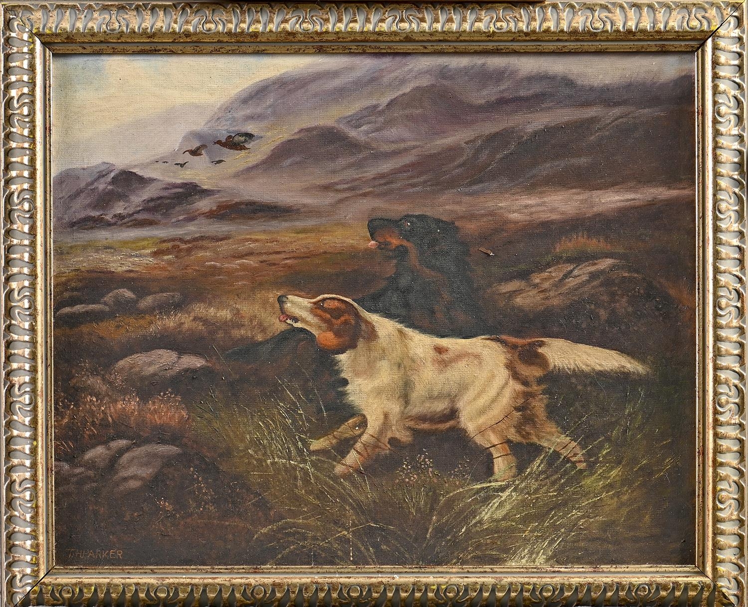 Follower of Robert Clemenson - Setters on a Moor, signed T H Parker, oil on board, 39 x 49cm Good - Image 2 of 3