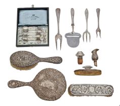 Three Dutch silver serving forks, a silver hafted slice, a cased set of six spoons and several other