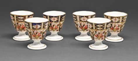 A set of six Royal Crown Derby Old Derby Witches pattern eggcups, mid 20th c, 60mm h, printed mark