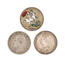 Silver coins. Crown 1887, 1889, the first enamelled and mounted as a brooch and Bavaria, 5 Marks