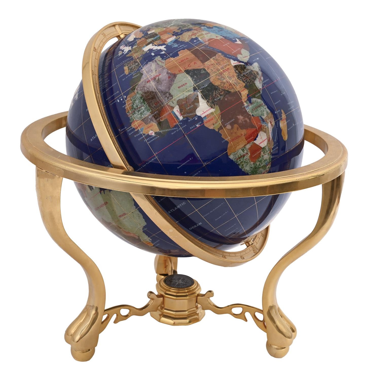 A terrestrial mineral globe, in giltmetal tripod stand, 49cm h x 42cm diam Good condition